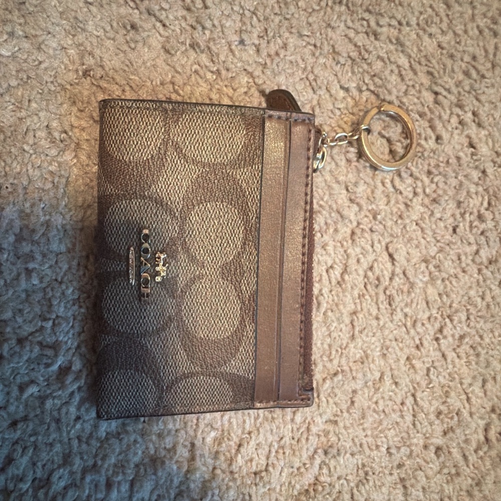 Coach Tan and Brown Signature Keychain Card Holder